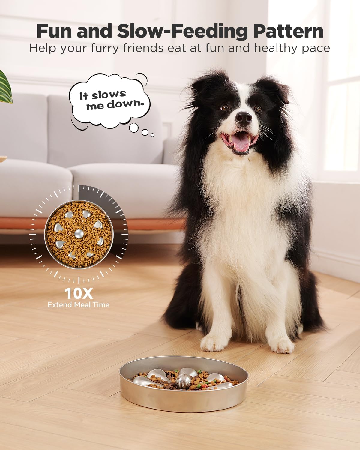 Slow Feeder Dog Bowl – Stainless Steel Non-Slip Metal Bowl for Slow Feeding, 5 Cups Large Capacity, Double-Sided Design for Dry, Wet, or Raw Food, Ideal for Small, Medium, Large Dogs