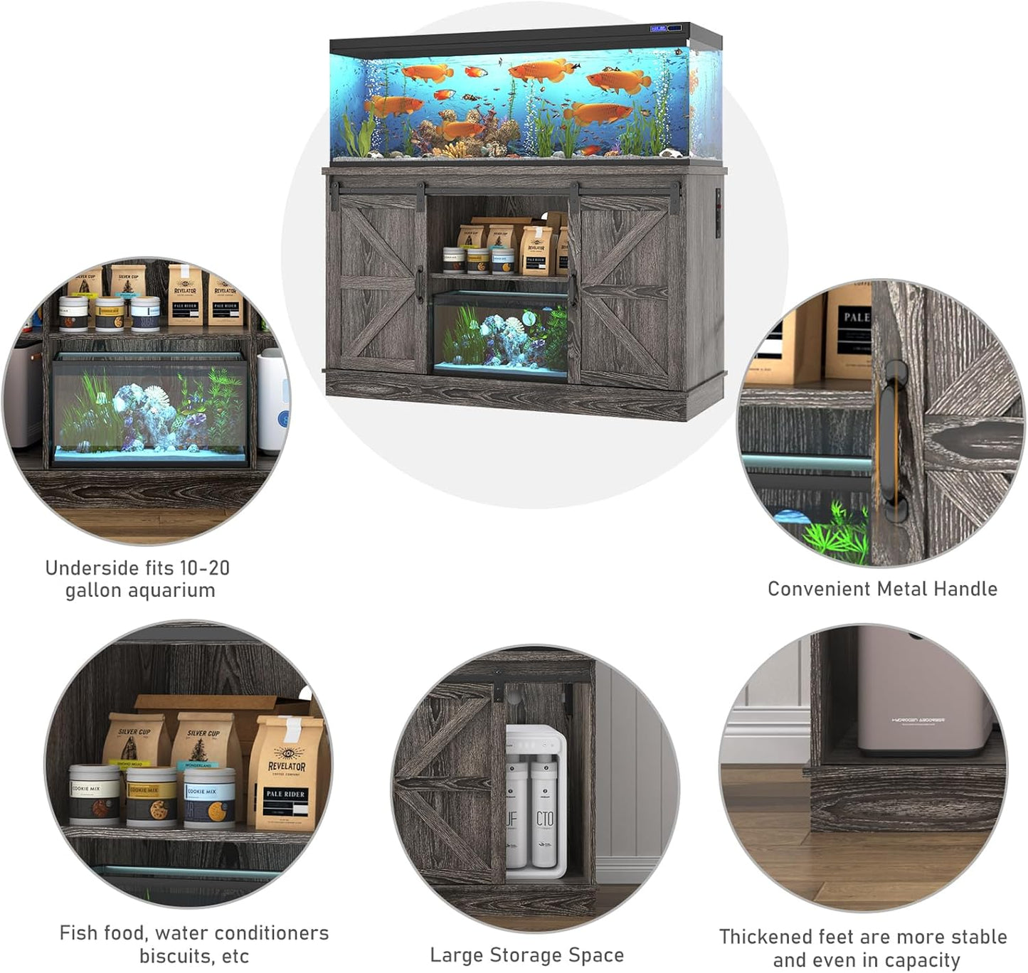 Farmhouse 55-75 Gallon Fish Tank Stand with Power Outlet, Aquarium Stand with Cabinet&Sliding Barn Door, Heavy Duty Reptile Tank Stand for 2 Fish Tank/Turtle Tank/Reptile Terrarium, Grey