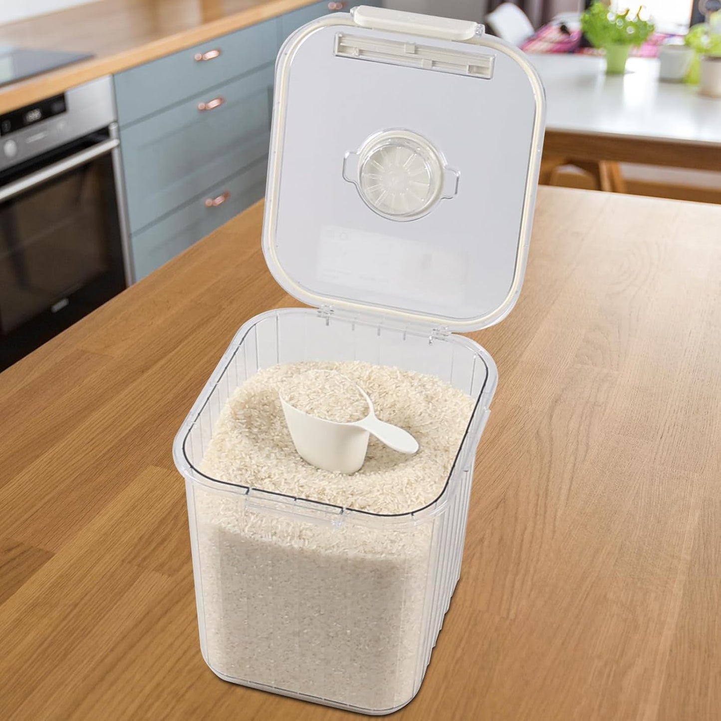 22 Lbs Large Rice Storage Container with Measuring Cup, Clear Pets Food Bin with Seal Locking Lid, Dry Food Flour Bin for Rice, Flour, Pet Food, Baking Supplies