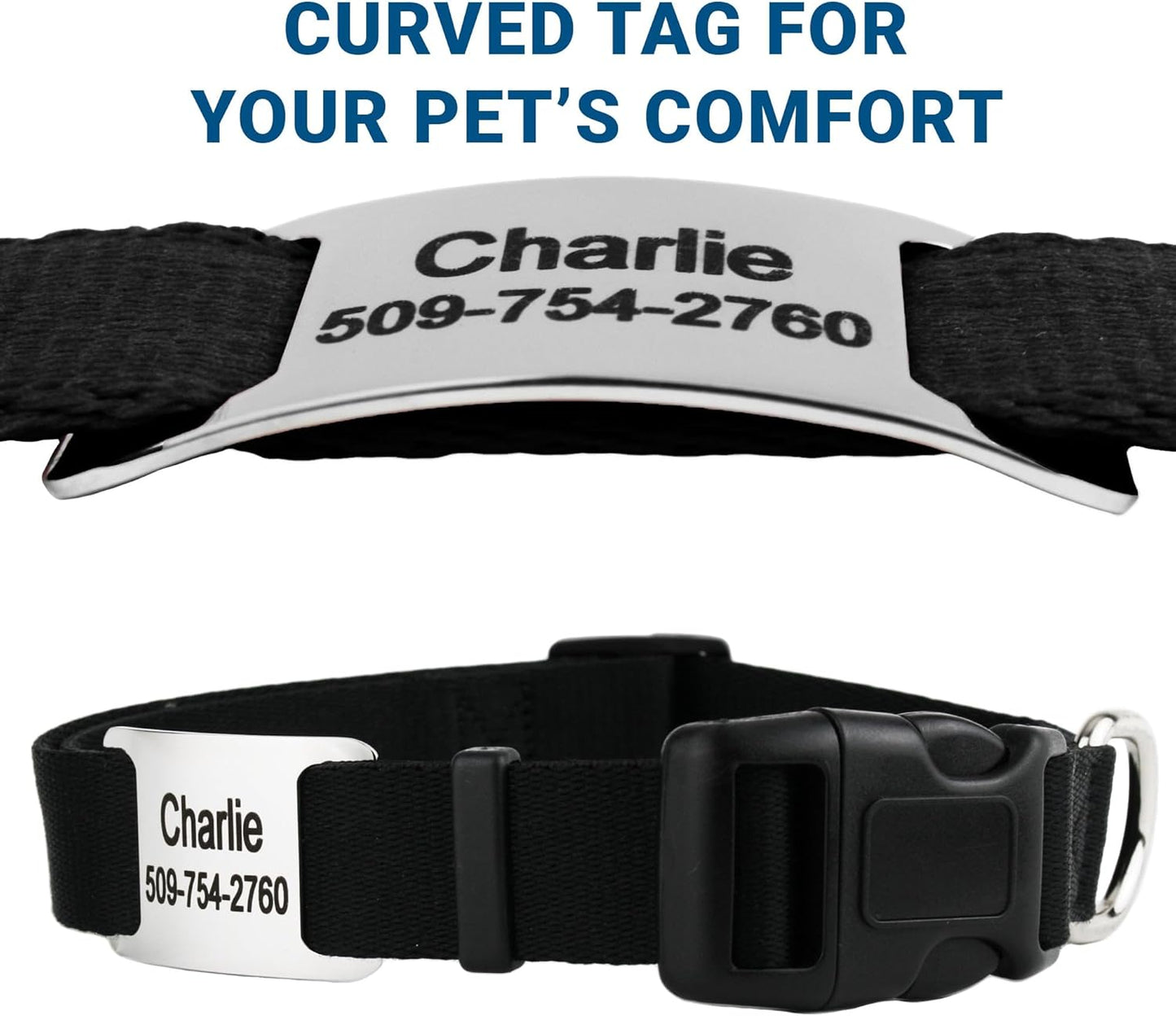 GoTags Personalized Dog Collar with Nameplate, Adjustable Dog Collar with Custom Engraved Slide On Pet ID Tag in Stainless Steel, Silent, No Noise Dog Tag (Light Blue, X-Small)