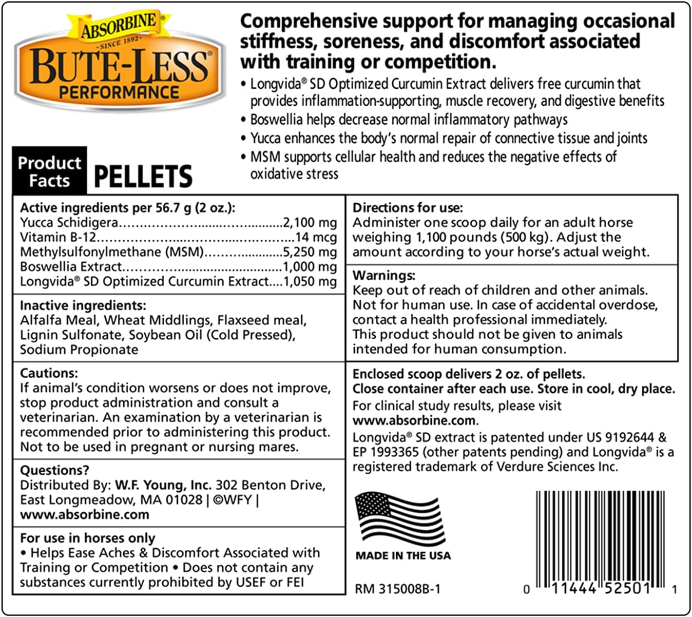 Absorbine Bute-Less Performance Advanced Formula Horse Supplement Pellets, Supports Healthy Inflammatory Response & GI Tract, 3.75lb Tub / 30 Day Supply