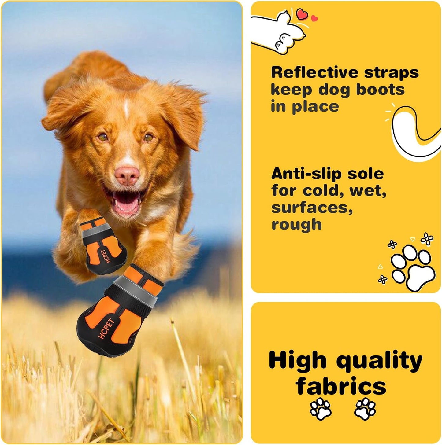 Hcpet Dog Shoes, Dog Boots for Small Dogs, Waterproof Medium Dog Booties Paw Protector for Summer Hot Pavement, Winter Snowy Day, Outdoor Walking, Indoor Hardfloors Anti Slip Sole Orange Size 3