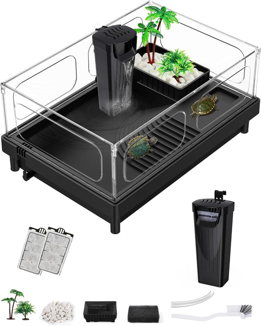Small Turtle Tank, Aquarium, Acrylic Terrarium with Basking Platform, Bottom Drainage, Multi-Function Areas for Turtles, Crabs, Crayfish, Reptiles.(Black+Filter)