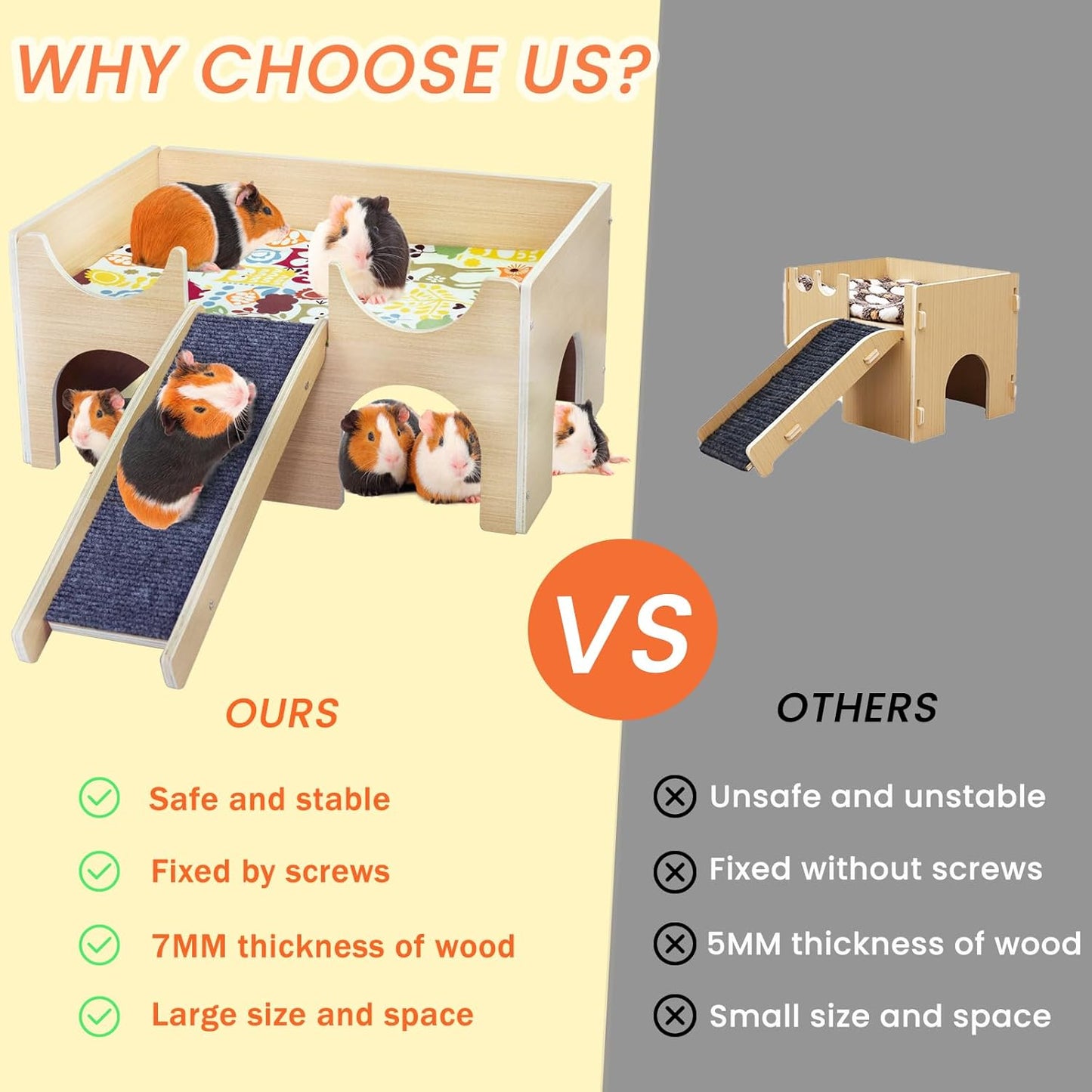 Large Guinea Pig Hideout, Sturdy Wooden Guinea Pig House, Small Animal Toys Accessories Bed Hut Habitats with Ramp and Mat, Easy to Install for Hamsters Bunny Rabbit Playing Hiding