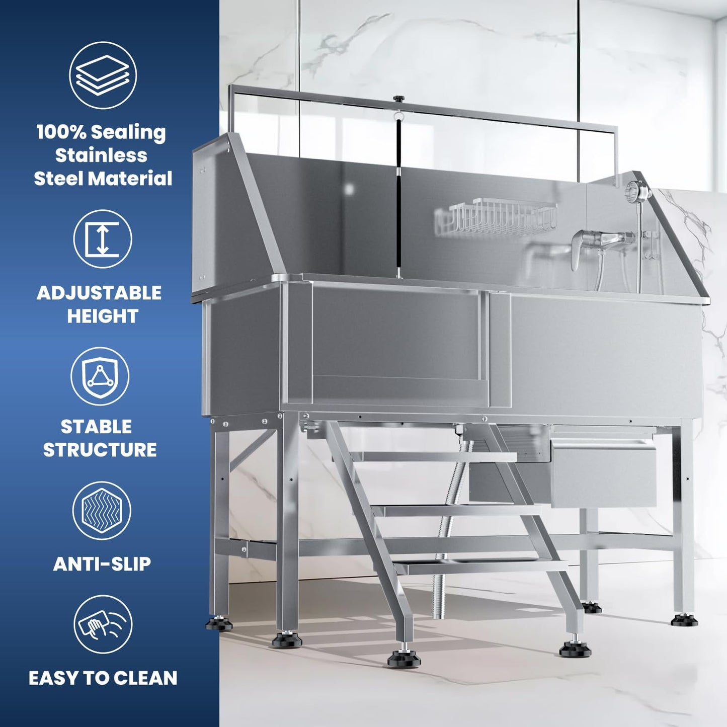 Professional 46" Dog Washing Station, Stainless Steel Dog Bathing Station, Height Adjustable Dog Wash Station, Storage Drawer, Upgrade Parts, Home, Commercial (Left Step)