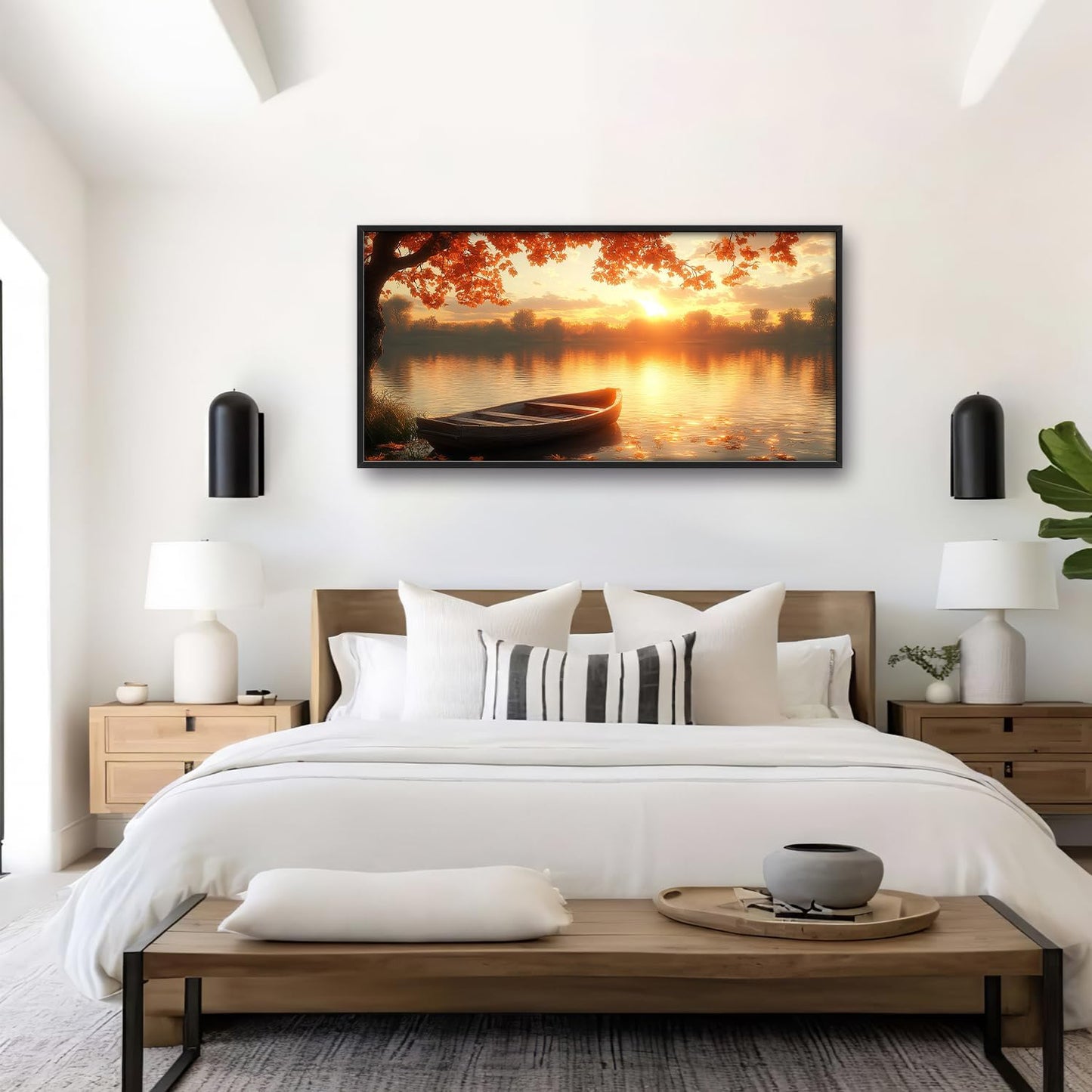Large Lake Sunrise Landscape Wall Art for Living Room, Nature Boat Canvas Oversized Wall Decor, River Scenery Framed Pictures Painting Print Artwork for Bedroom Office 60"L x 30"W