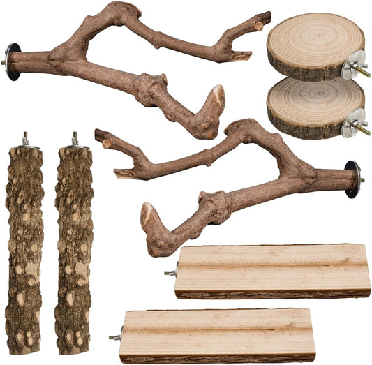 8pcs Brid Perch Bird Cage Accessories 2 Natural Grape Stick Paw Grinding Fork 6 Parrot Stand Bird Toys for Parakeets, Cockatiels, Conure, Budgies
