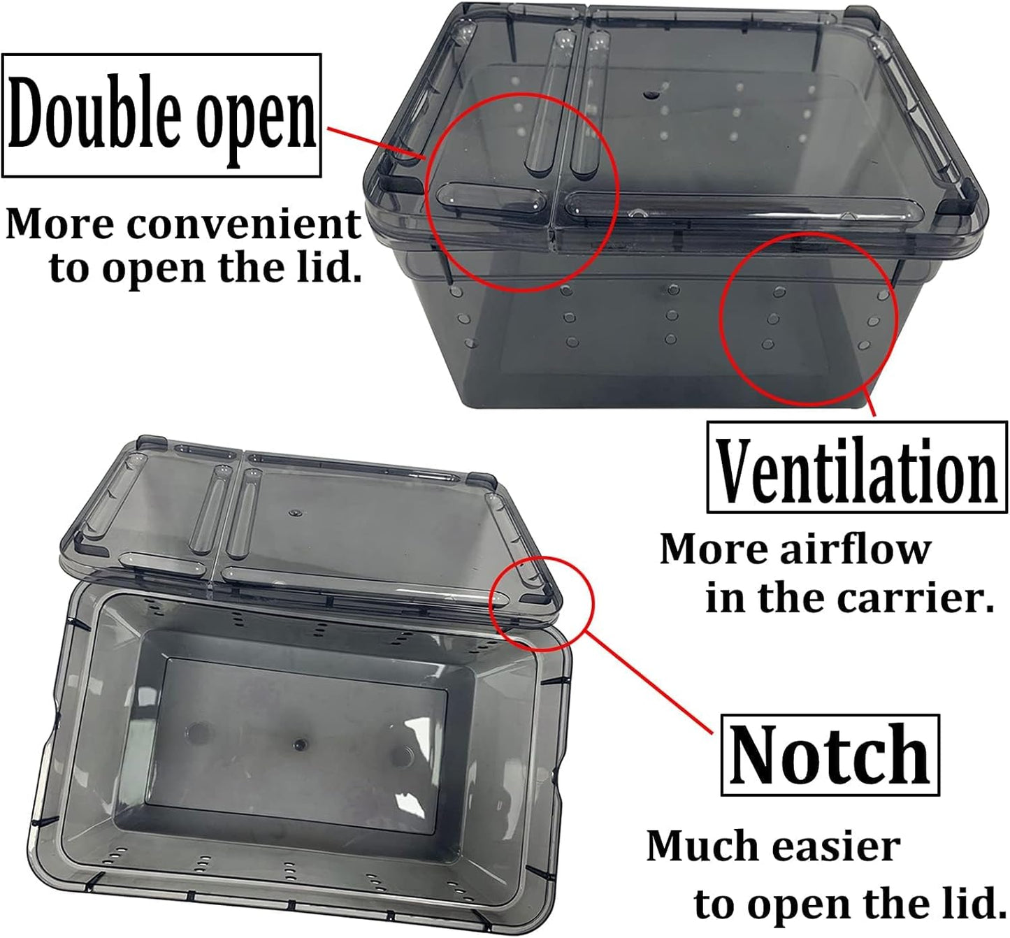 PINVNBY Reptile Enclosure Terrarium 2-Pack - 12.6"x8.7"x5.9" Multi-Purpose Transparent Plastic Habitat Cage for Gecko Scorpion Spider Snake Breeding Feeding & Cricket Keeper with Ventilated Lid, Black