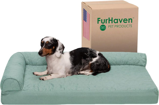 Furhaven Cooling Gel Dog Bed for Medium/Small Dogs w/ Removable Bolsters & Washable Cover, For Dogs Up to 35 lbs - Pinsonic Quilted Paw L Shaped Chaise - Iceberg Green, Medium