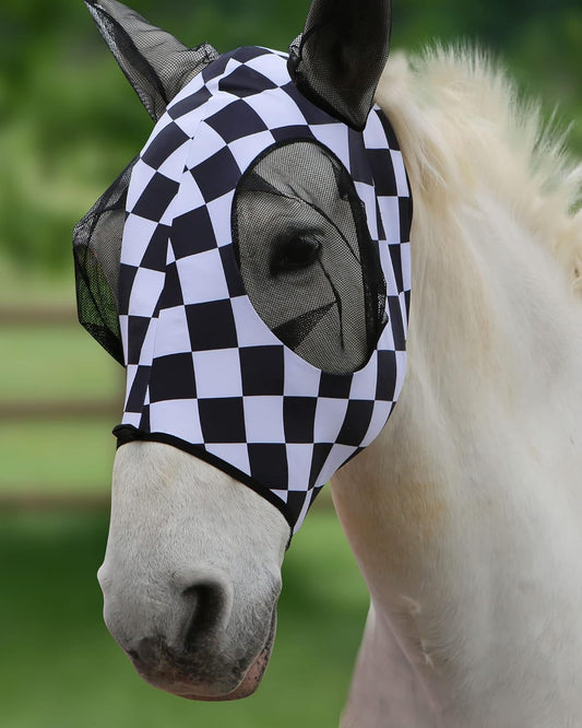 Harrison Howard Super Comfort Stretchy Fly Mask Large Eye Space with UV Protection Soft on Skin with Breathability Checker Board XL