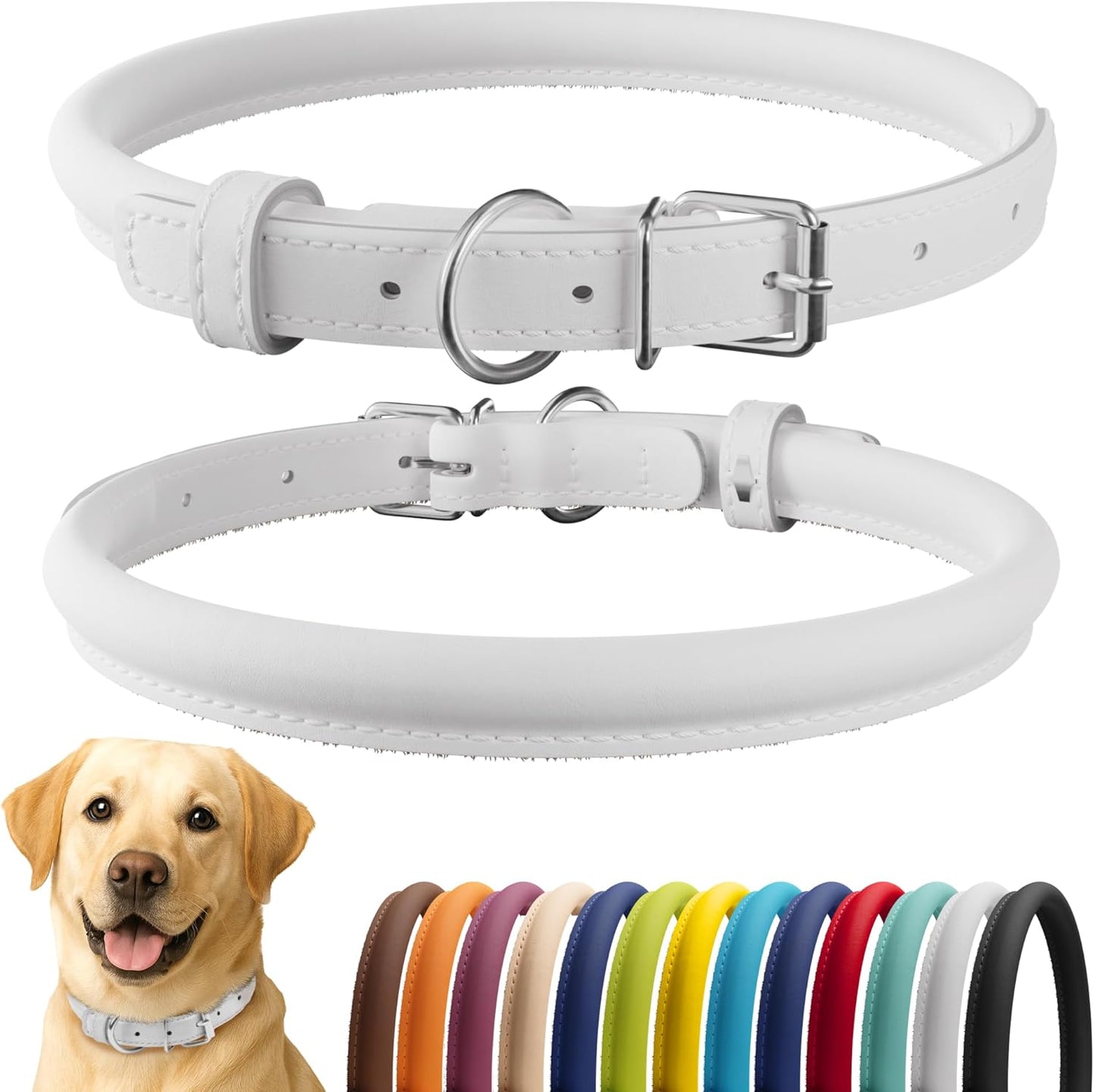 CollarDirect Rolled Leather Dog Collar, Soft Padded Round Puppy Collar, Handmade Genuine Leather Collar Dog Small Large Cat Collars 13 Colors (15-19 Inch, White Smooth)