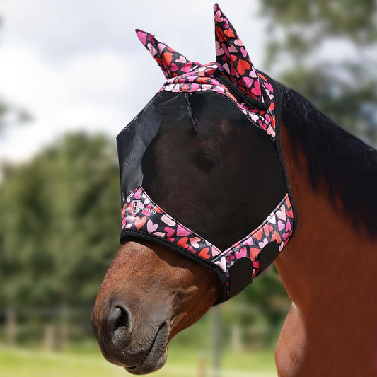 Harrison Howard Pro LumiVista Horse Half Face Fly Mask Large Eye Space with Ears UV Protection for Horse Cute Hearts L