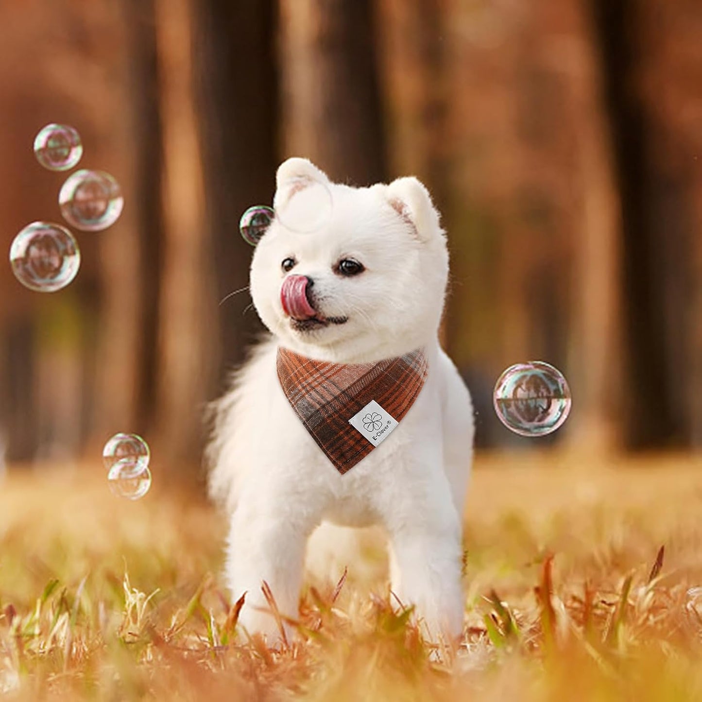 E-Clover Brown Plaid Dog Bandana & Matching Scrunchie-Fall Dog Bandana Triangle Plaid Pet Scarf Bib for Small Dogs Puppy Girl Boy Owner Gift