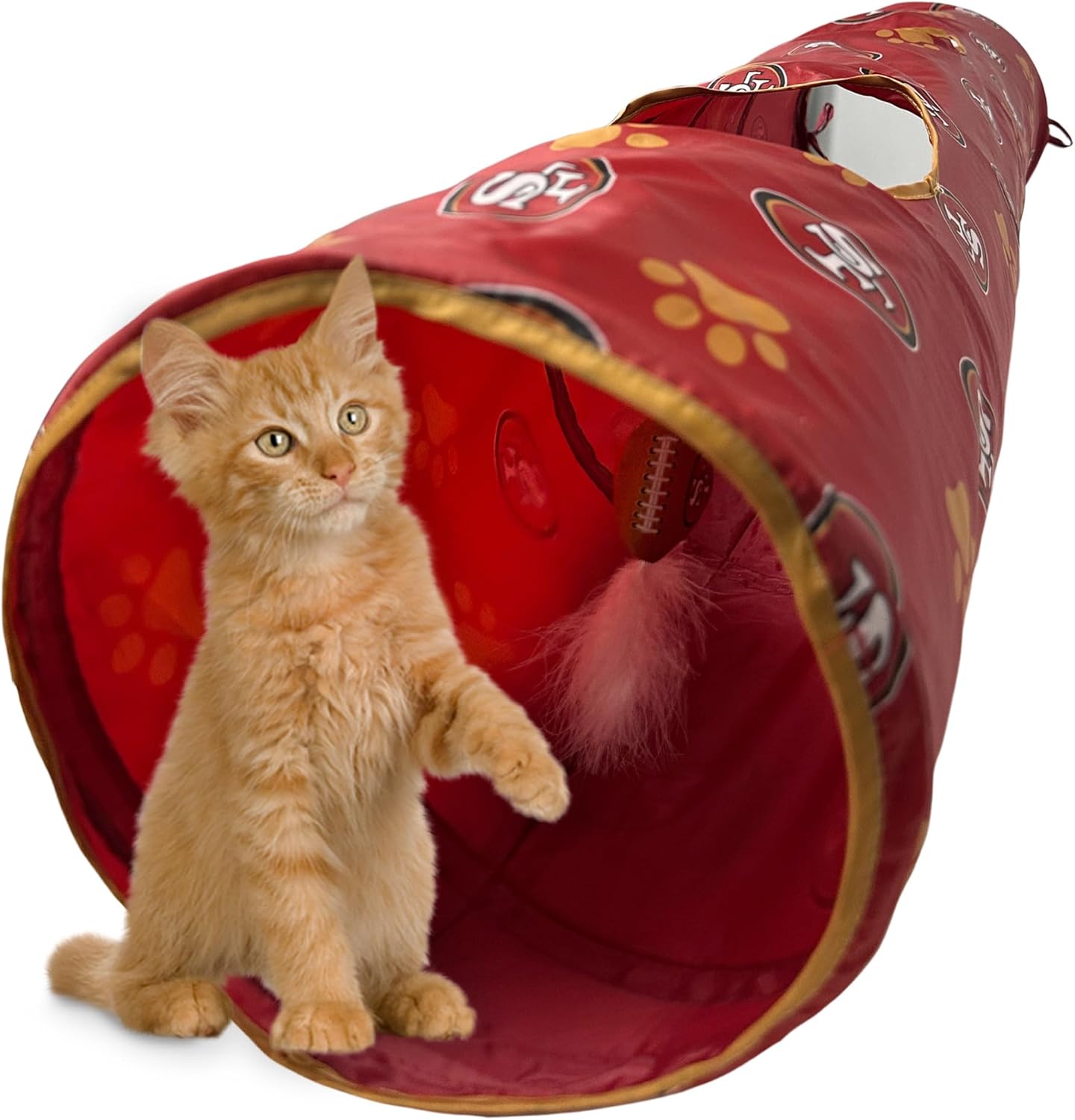 NFL San Francisco 49ers Cat Tunnel Tube Toy with Plush Football Catnip and Feathers Collapsible Tunnel for Cats to Play, Peek and Hide, Sporty & Fun Cat Tunnel Toy with Team Logo All-Over Design!