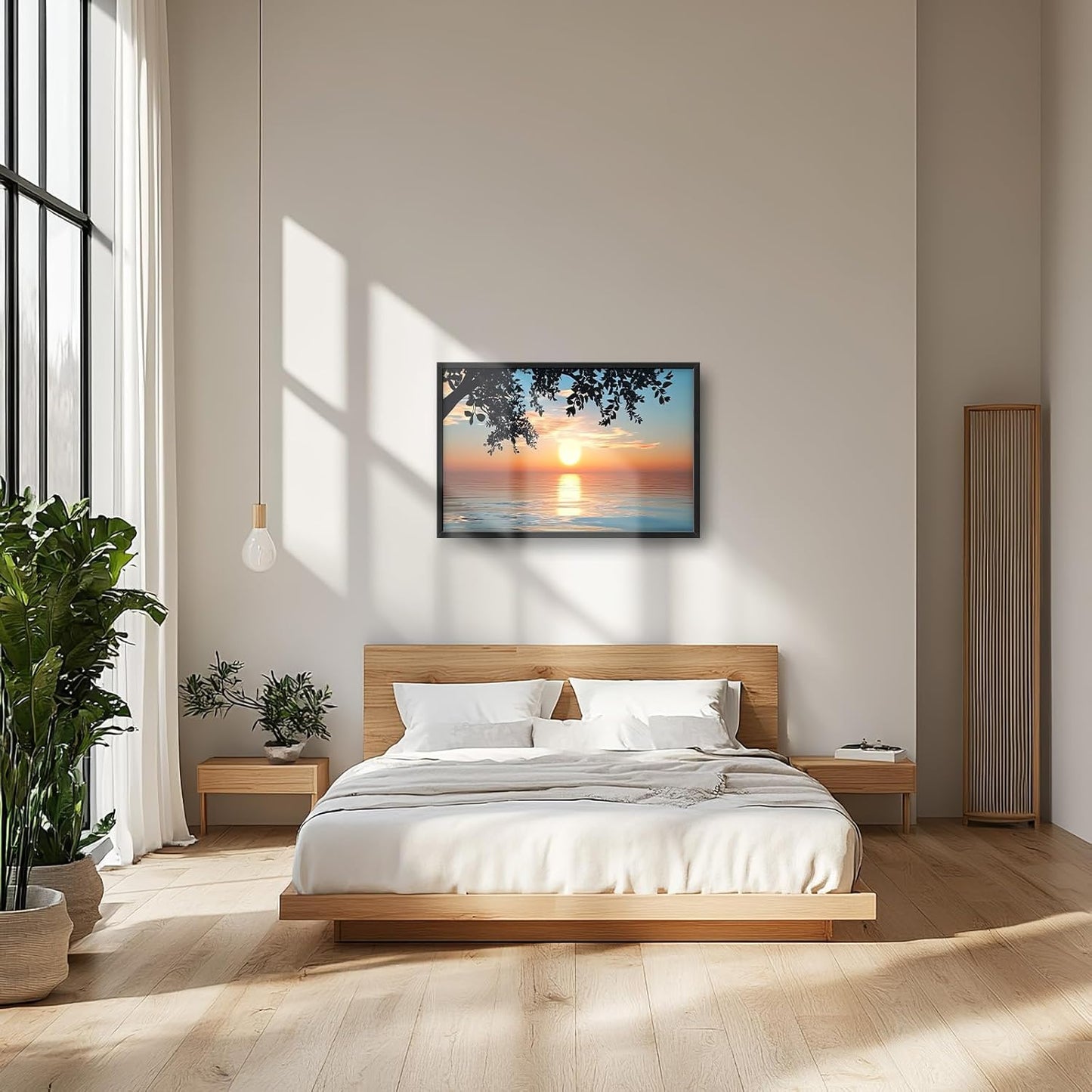 Framed Large Lake Sunset Wall Art, Oversized Natural Landscape Wall Decor for Living Room, Tree Leaves Canvas Painting Pictures Home Decoration for Living Room Bedroom Office 36"x24"