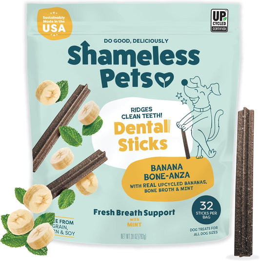 Shameless Pets Dental Treats for Dogs, Banana Bone-Anza (32 Sticks) - Supports Hip & Joint for Teeth Cleaning & Fresh Breath - Dog Bones Dental Chews Free from Grain, Corn & Soy