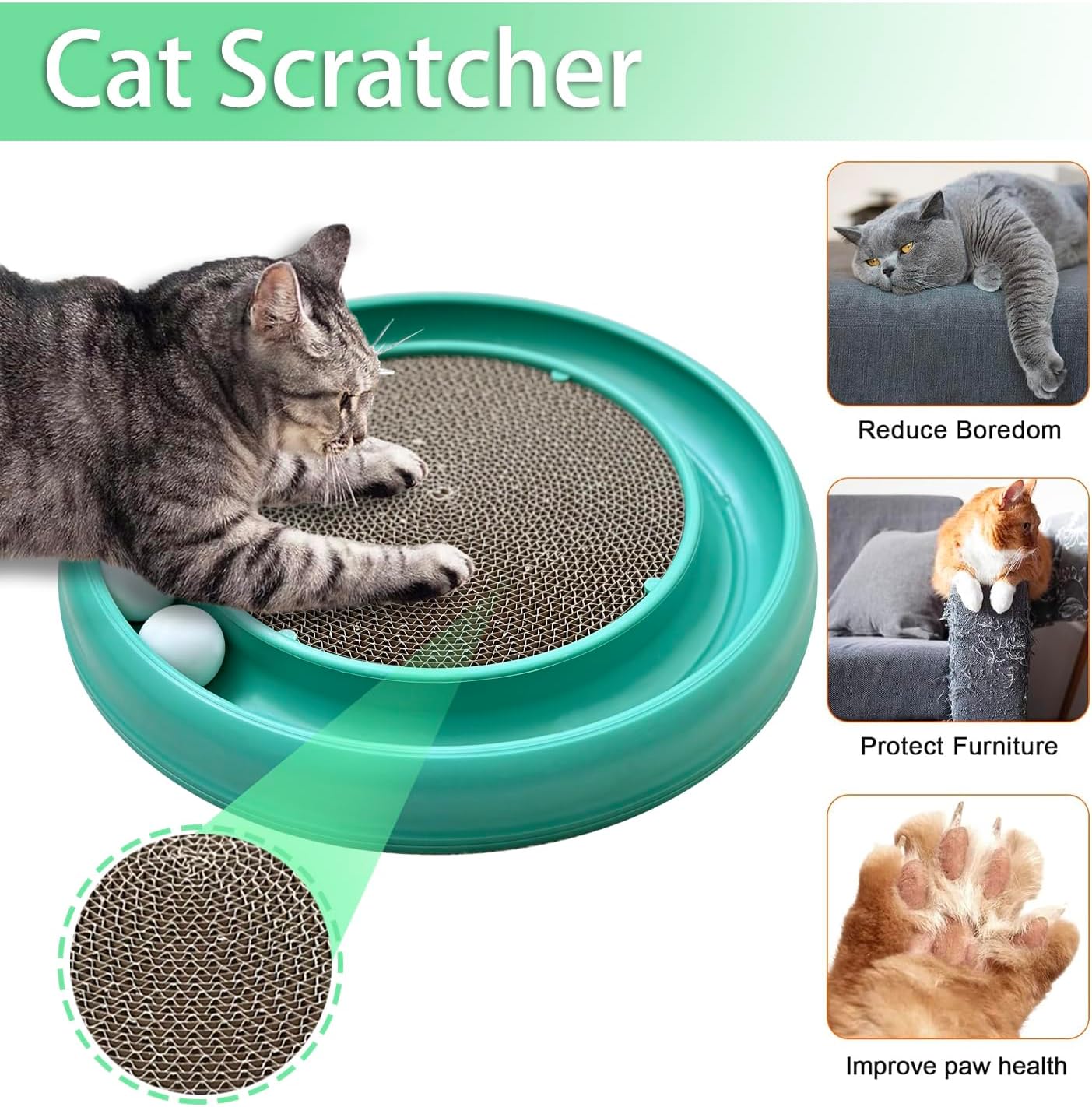 Interactive Cat Ball Track Toy for Indoor Cats, Cat Scratching Board & Exercise Set for Bored Indoor Adult and Kitten Mental & Physical Stimulation, with Spare Ball to Prevent Loss (Green)