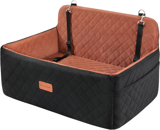 Dog Car Seat for Medium/Large Dogs, Pet Booster Seat for Under 55 lbs or 2 Small Dogs, Detachable & Washable Dog Car Bed for Backseat with 2 Safety Leashes(Black/Brown)