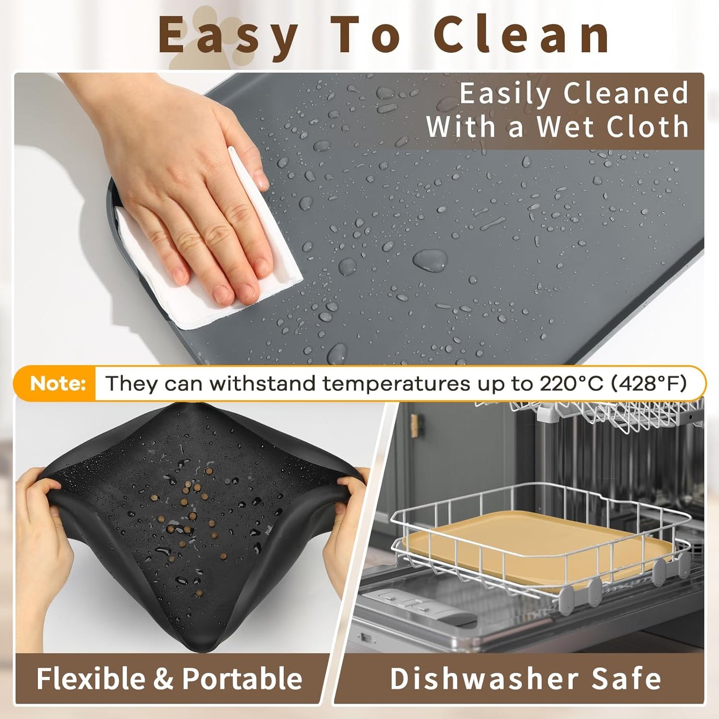 Silicone Pet Feeding Mat with Raised Edge & Residue Collection Pocket for Food and Water, Dog Bowl Mats, Cat Bowls Placemat with High Lip for Floor Waterproof, 24 x 16 x 0.8 Dark Brown