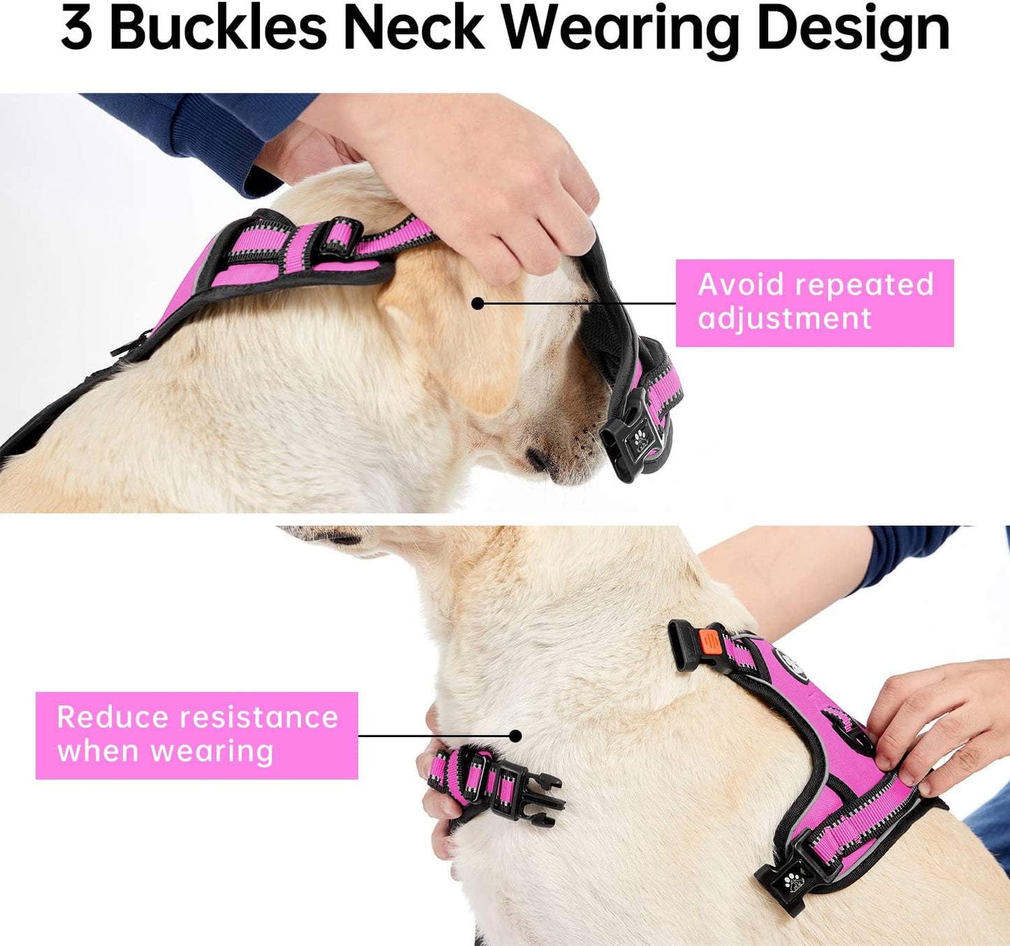 IVY&LANE No Pull Dog Harness for Medium Dogs,Dog Vest Harness with Leash,Safety Belt and Storage Strap, Fully Adjustable Harness,360° Reflective Strip,Soft Handle (Fuchsia Pink,M)