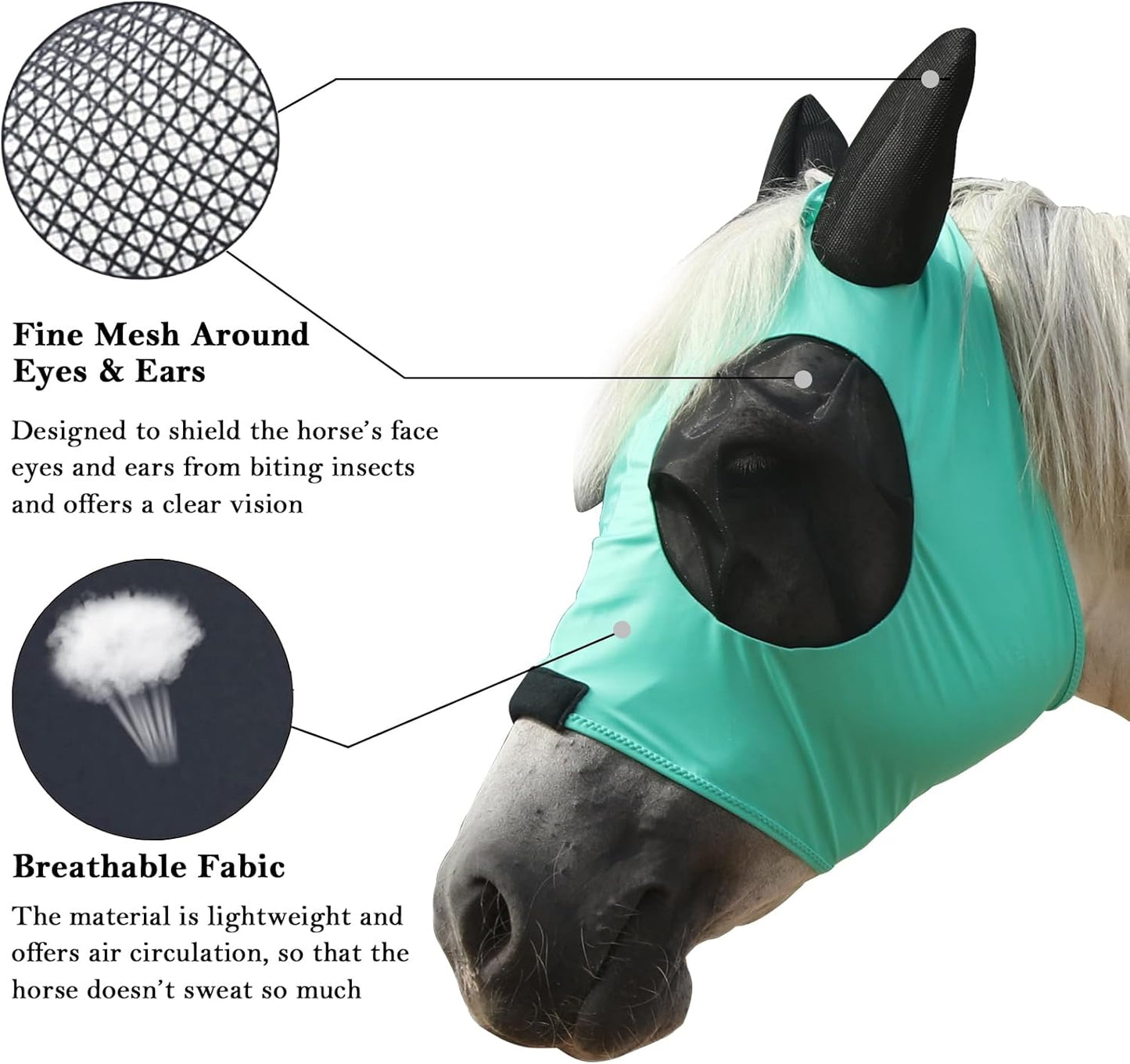 Horse Fly Mask with Ears - Large Eye Space for Full Vision, Breathable Stretch Comfort Fit, UV Protection, Forelock Opening, Easy Pull-On Green Cob