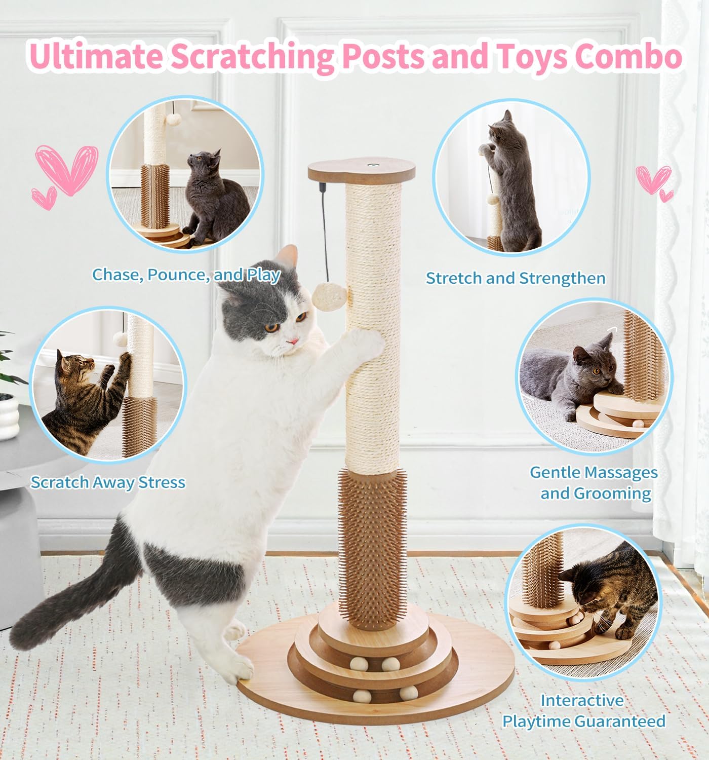 Made4Pets Cat Scratching Post Premium Sisal Cat Scratcher Kitten Toys for Indoor Kittens 28.3" Tall Cat Tower Scratch Post Cat Tree Wooden Interactive Ball Track Cat Toy with Hanging Ball, Beige