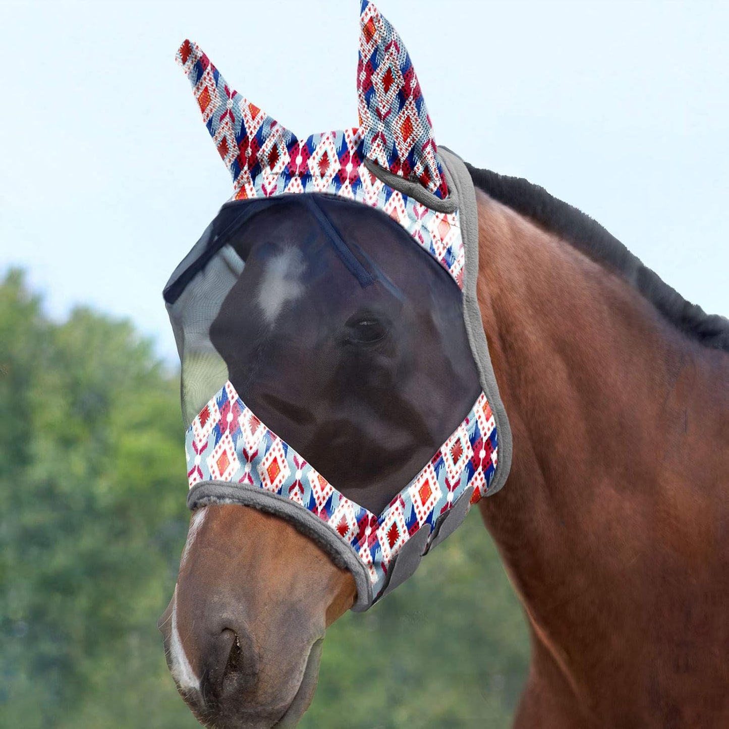 Harrison Howard LumiVista Horse Fly Mask Standard with Ears UV Protection for Horse Tribal Rhombus L Full Size