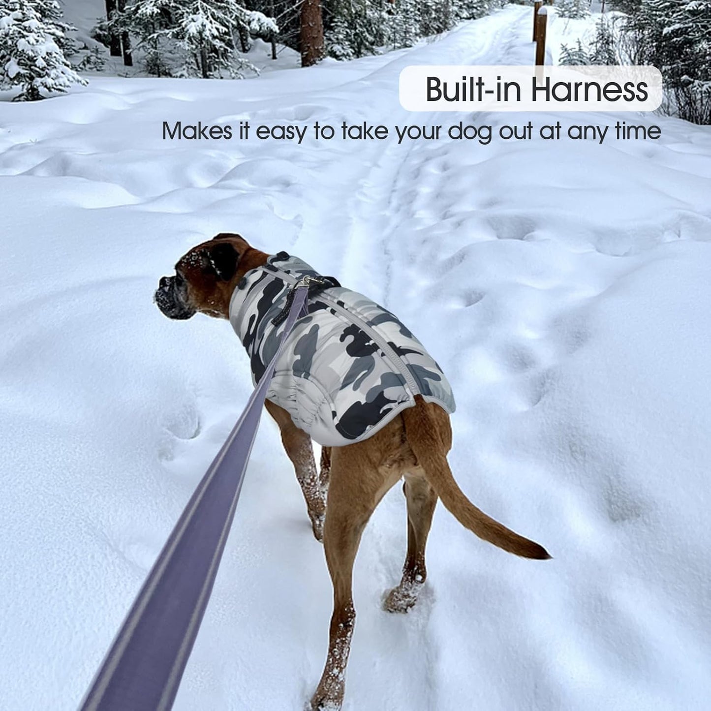 FUAMEY Dog Coat for Large Dogs,Waterproof Dog Winter Jacket with Harness Built in Puppy Cold Weather Coats Reflective Pet Vest with Zipper Warm Fleece Dogs Snowsuit Windproof Grey Camo L