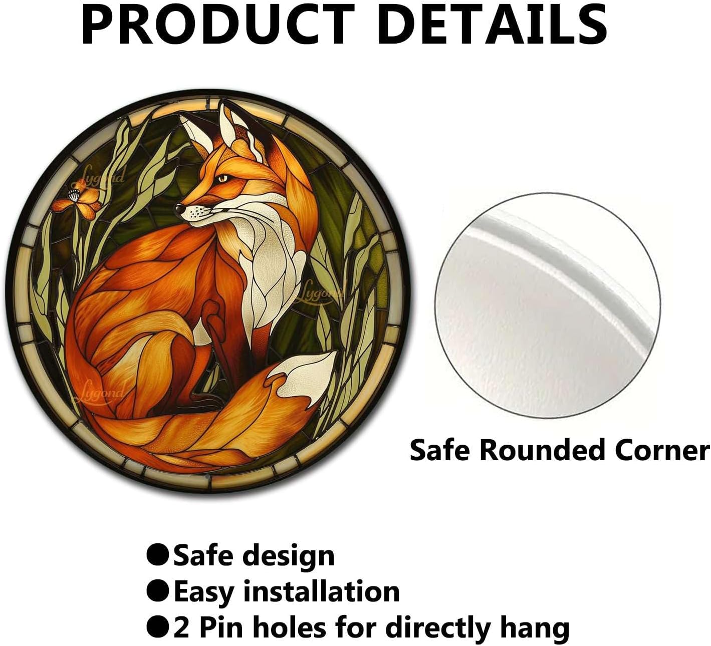 Lygond Metal Sign Tin Sign Circular Stained Glass Red Fox Sign Garden Outside for Patio 12×12 Inches