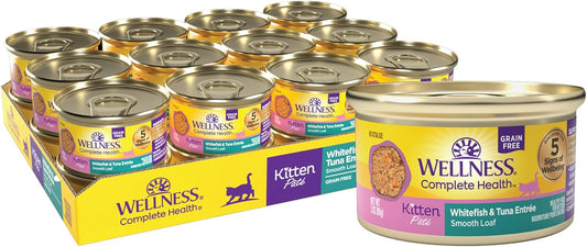 Wellness Complete Health Pate Kitten Wet Cat Food Canned Food, Natural, Protein-Rich, Grain Free, 3 Ounce Cans, 24 Pack, (Whitefish & Tuna)