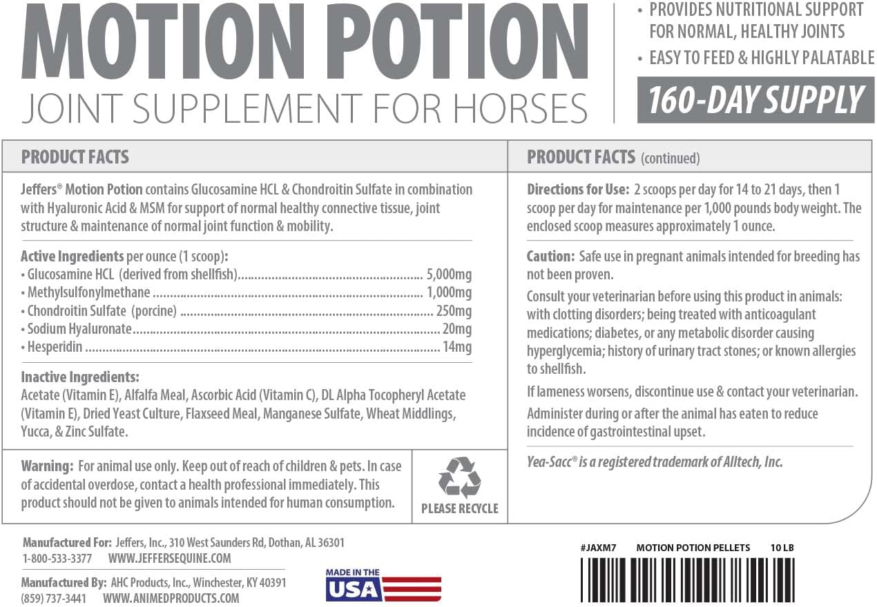 Jeffers Motion Potion Pellets Joint Supplement for Horses, 10 lb- Glucosamine, MSM, Chondroitin, Hyaluronic Acid, & Vitamins. Daily Supplement for Safe, Easy to Feed, Fast Acting for Equine