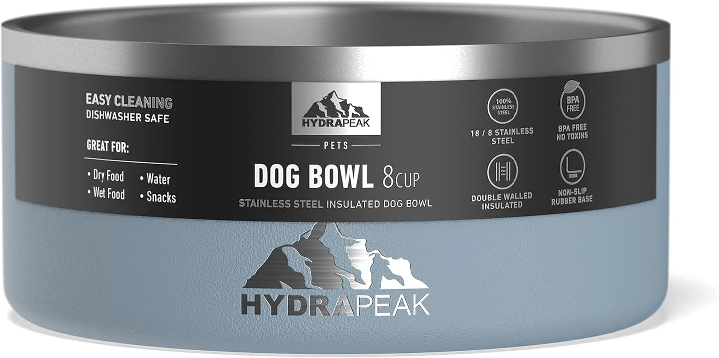 Hydrapeak Dog Bowl; Non Slip Stainless Steel; Water and Food Dish; Large Sized and Small Dogs; 32oz 64oz; Multiple Sizes | 8 Cup | Storm