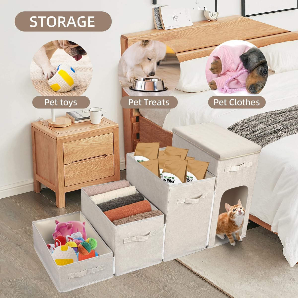 Dog Stairs with Storage, Folding Pet Steps with Zip for Small Dogs and Cats, 4-Step Pet Stairs with Pet House for High Bed, Couch and Car Ramp, Up to 200 Lbs (Beige, 4 Steps with Condo)