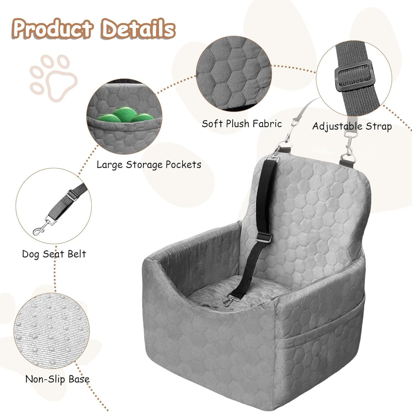 Dog Car Seat for Small/Medium Dogs - Dog Booster Seat with Safety Straps & Non-Slip Base, Travel Pet Car Seat with Storage Pockets, Washable & Removable, Suitable for Dogs Under 35 lbs (Gray)