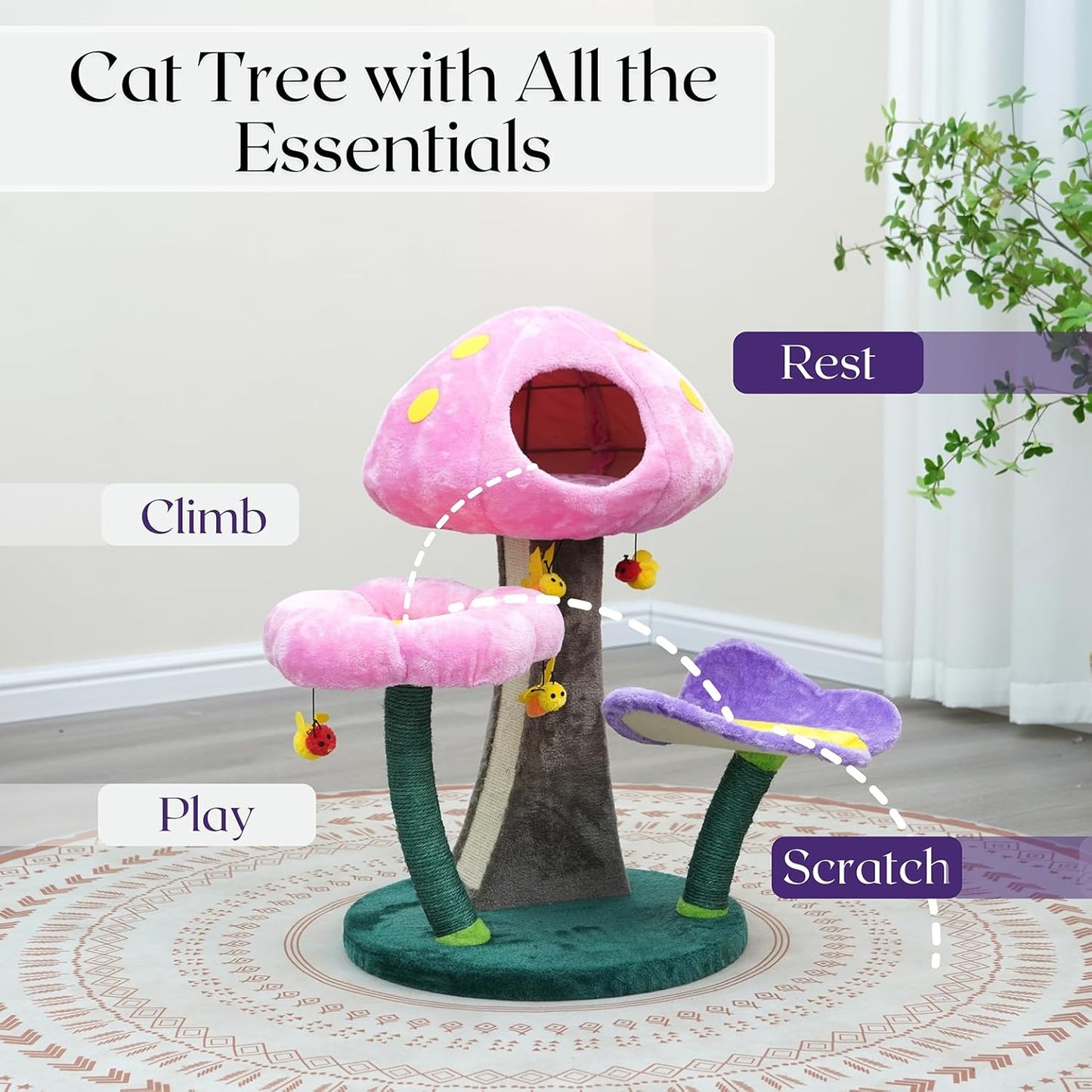 Catry® Wonderland 3-Level 31" Cat Tree with Mushroom Condo, Flower Perch, Sisal Scratching Pad, Parts Replaceable, Garden Style with Bee Toys. Multi- Color