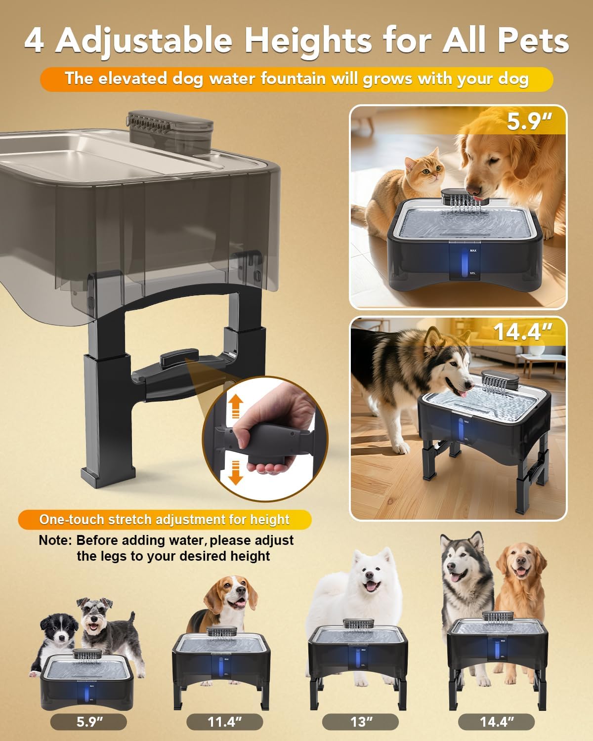 UPSKY 2.25Gal Elevated Dog Water Fountain, 4 Heights Adjustable Pet Fountain for All Dog Sizes, 304 Stainless Steel Tray Indoor Cat Drinking Dispenser with Ultra-Quiet Pump & 2 Replacement Filters