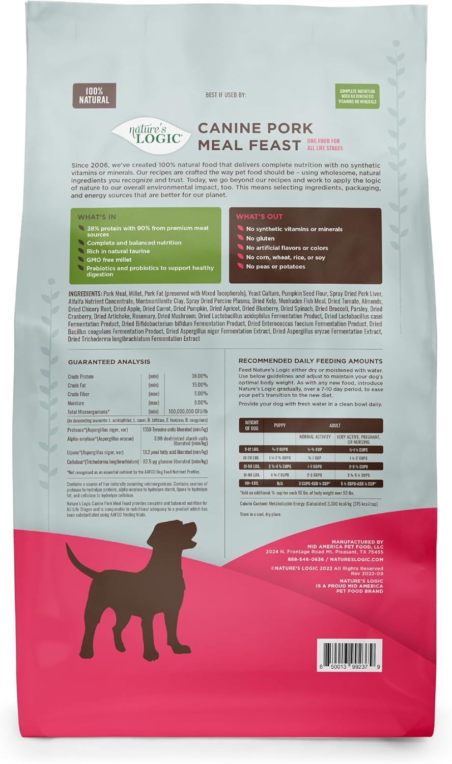 NATURE'S LOGIC Dry Dog Food - 100% Natural - No Synthetics - for All Ages, Sizes, Breeds - Free from Common Allergens, High Protein - Pork Meal Feast, 13lbs