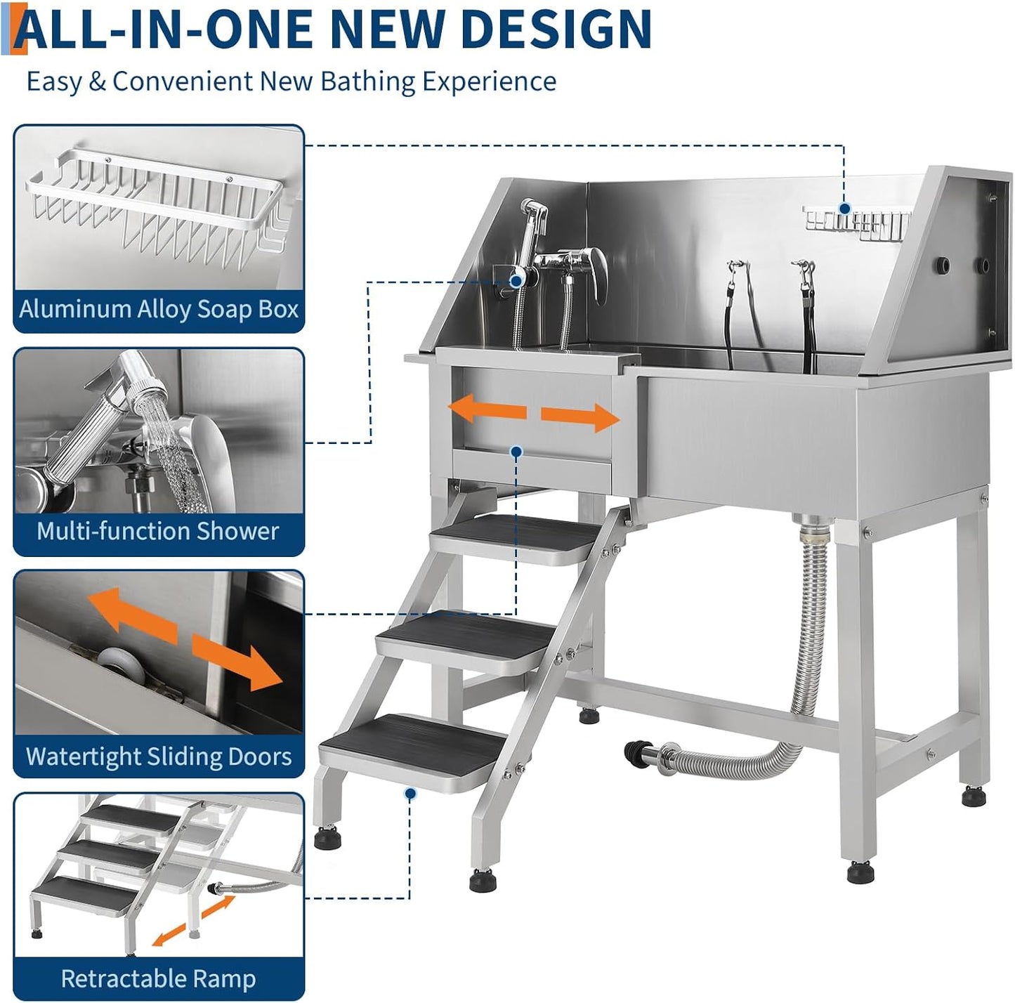 Stainless Steel Dog Washing Station - Dog Bath Tub for Large, Medium, Small Dogs, Pet Grooming Tub with Ramp, Non-Slip Grate, Shower, Soap Box, Faucet, Drain for Home & Outdoor （Left RAMP, 38"）