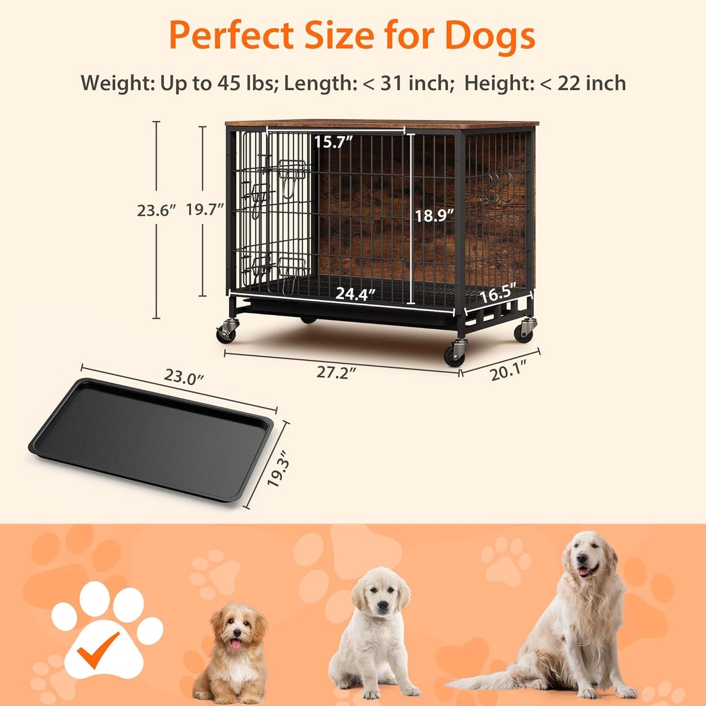 Dog Crate Furniture, 27.2" Small Dog Kennel Wooden Dog Crate with Pull-Out Tray, Double Doors, Modern End Table for Small/Medium Dogs, Grey