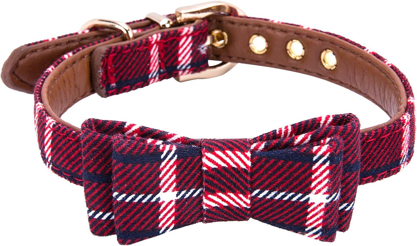 Puppy Collars for Small Dogs - StrawberryEC Adjustable Puppy Id Buckle Collar Leather. Cute Plaid Red Bowtie Dog Collar (Bow-Red)