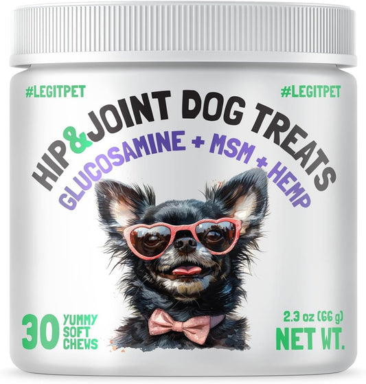 LEGITPET Hemp Hip & Joint Supplement for Dogs Soft Chews Made in USA Functional Glucosamine for Dogs Chondroitin MSM Turmeric Hemp Seed Oil Natural Pain Relief Mobility Advanced Joint 30 Treats