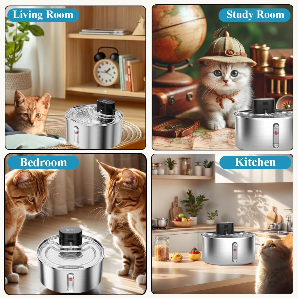 Pumpless Cat Water Fountain Stainless Steel Battery Operated, 108oz/3.2L Wireless Pet Water Fountain, Cordless Automatic Dispenser with 2 Replacement Filters for Cats, Dogs, Multiple Pets