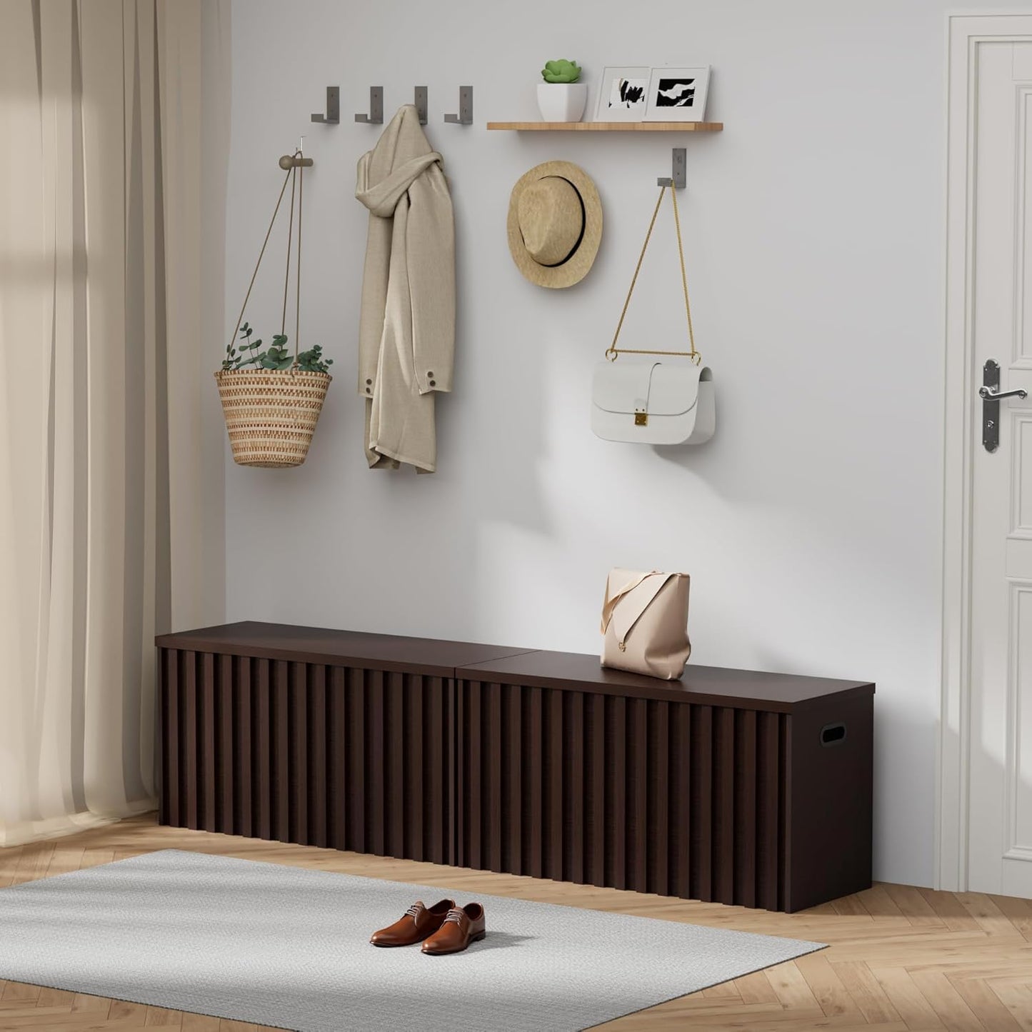 UEV Storage Bench Set of 2, 39.4" Wood Storage Trunk with 2 Safety Hinges, Sturdy Storage Chest, Fluted Wood Leg, Walnut