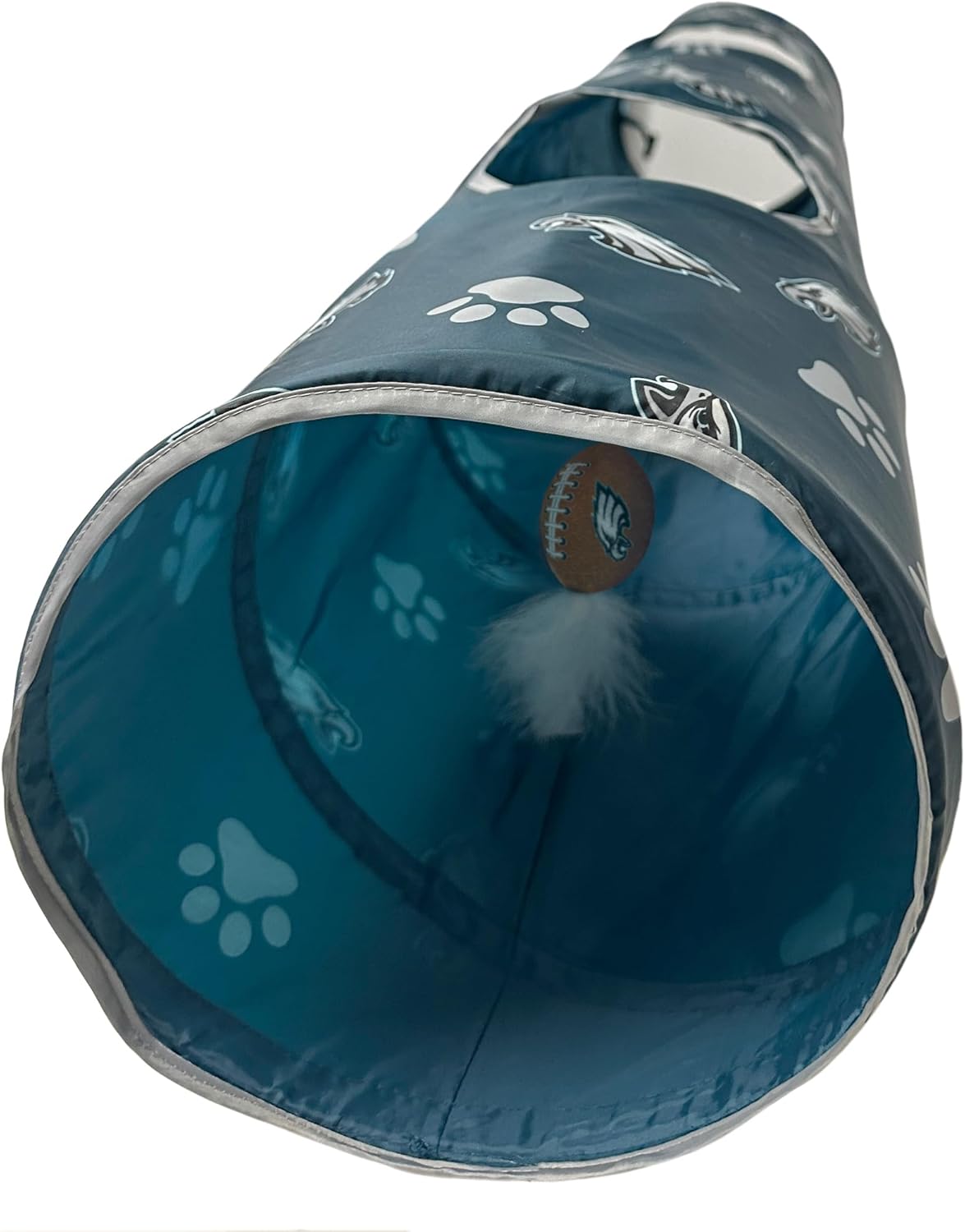NFL Philadelphia Eagles Cat Tunnel Tube Toy with Plush Football Catnip and Feathers Collapsible Tunnel for Cats to Play, Peek and Hide, Sporty & Fun Cat Tunnel Toy with Team Logo All-Over Design!
