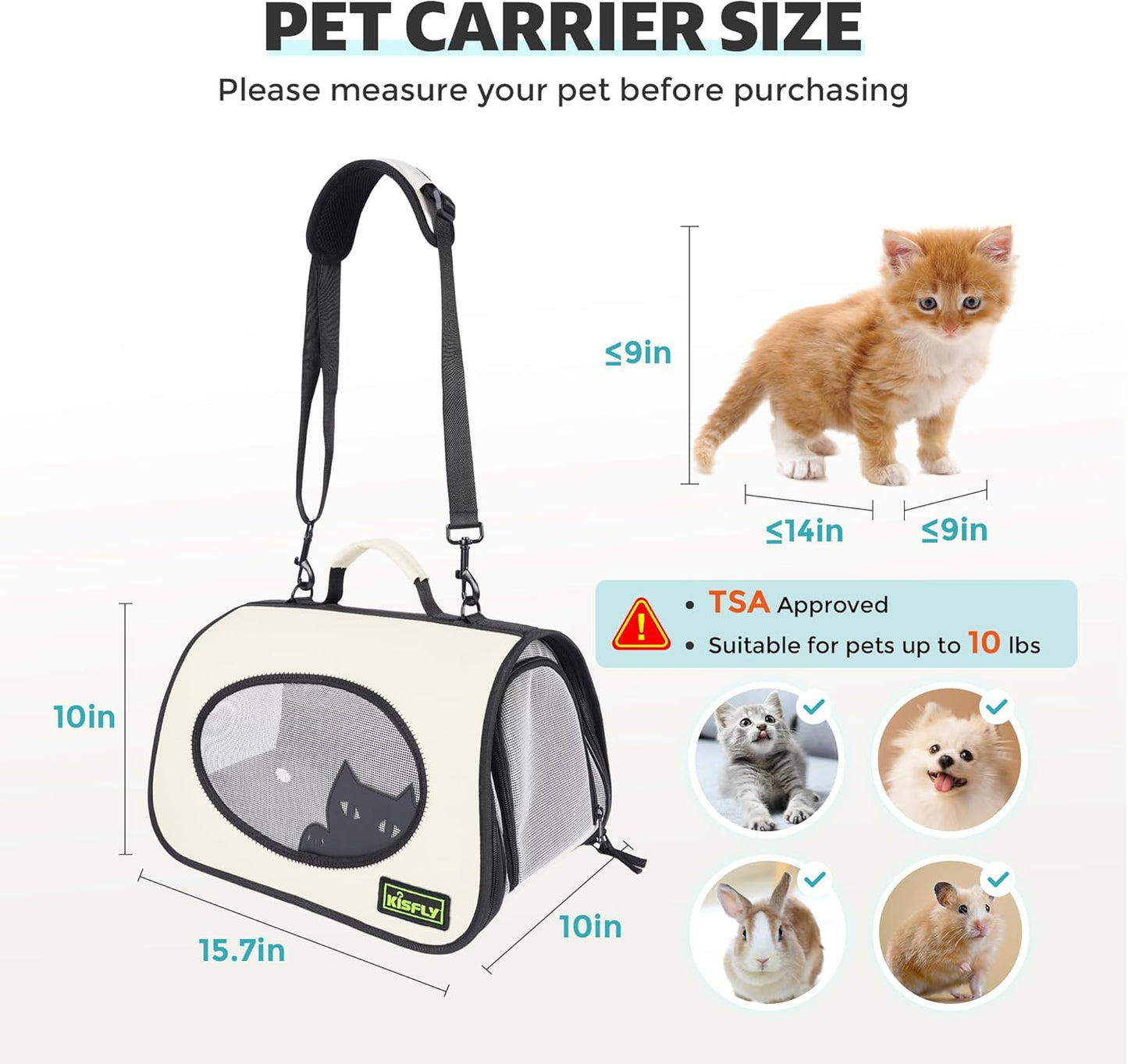 Cat Carrier Purses for Women, Airline Approved Pet Travel Bag for Cats, Kittens, Rabbits up to 10 lbs - Collapsible, Soft-Sided,16x10x10 in, Breathable Mesh with Kitty Pattern, Collar and Leash, Cream