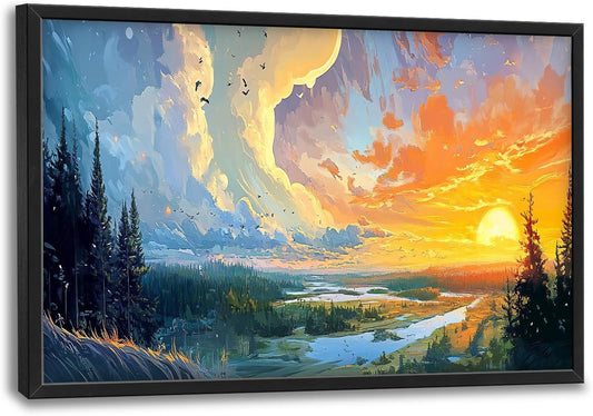 Framed Large Sunrise Wall Art for Living Room, Oversized Sunrise Wall Decor Forest Lake Landscape Canvas Print Natural Picture Home Decoration for Bedroom Living Room Office 36"x24"