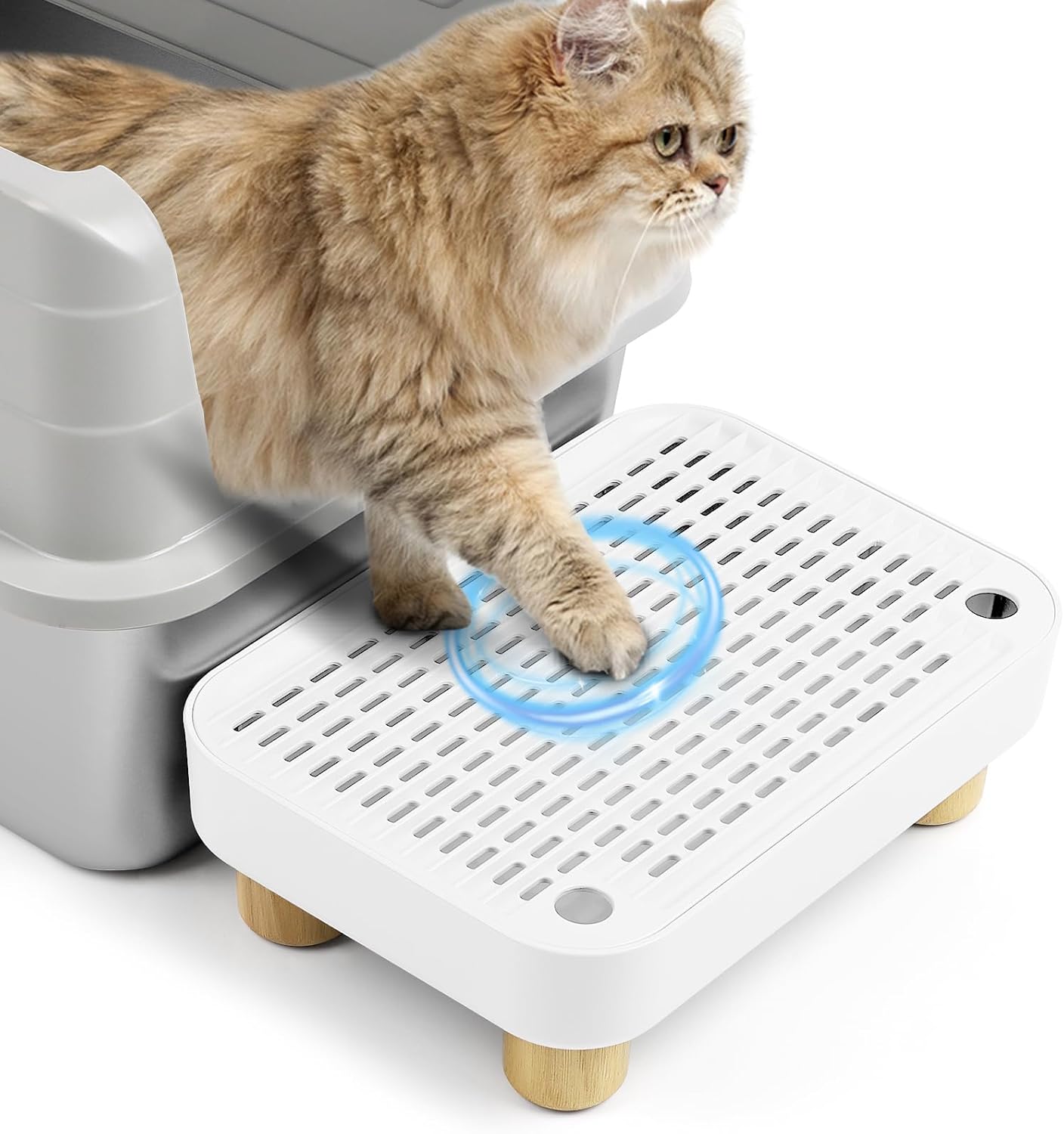 Cat Litter Box Step Ramp, Cat Litter Catcher Mat with Wooden Feet, Filter Function, Cat Pedal Stool for Self-Cleaning Cat Litter Box, Ideal for Kitten & Elderly Cats (White)