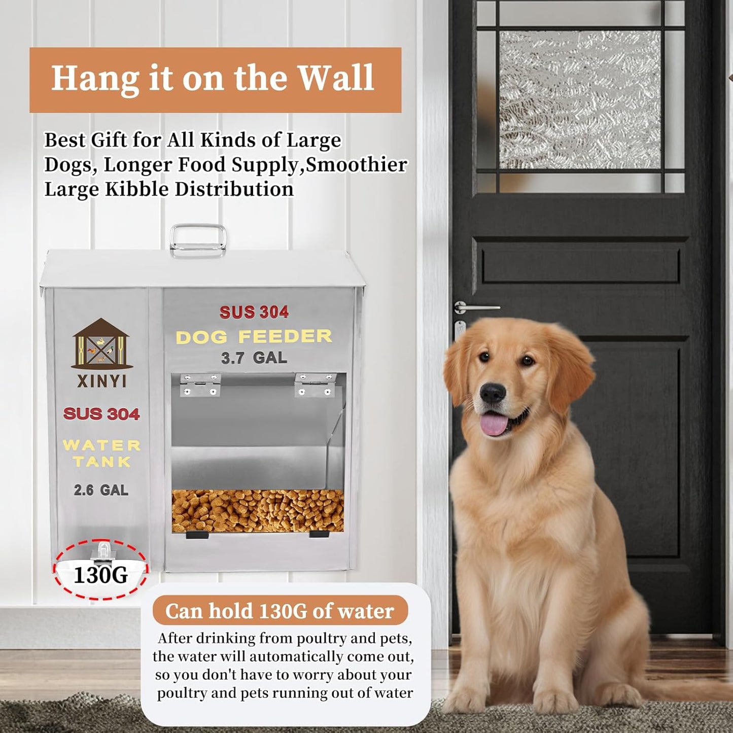 XINYI Automatic Dog Feeder and Waterer 2-in-1,SU304 Stainless Steels 2.6 Gallon Water Tank with 1 Aluminum Alloy Water Cup, 3.7 Gallon Dog Food Dispenser,Automatic Feeder for Pets, Breed, Cat