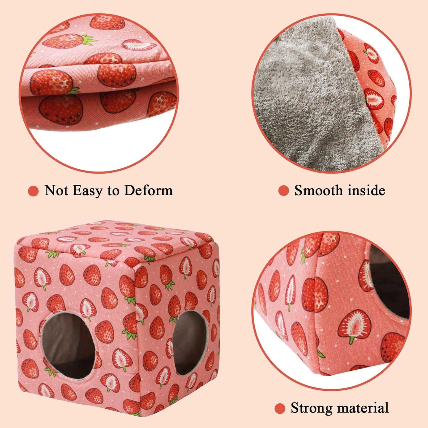 JSPYFITS Guinea Pig Hideout, Washable Guinea Pig House Cozy Small Pet Bed for Small Animal Bunny/Rabbit/Hamster/Chinchilla Accessories Pink Strawberry
