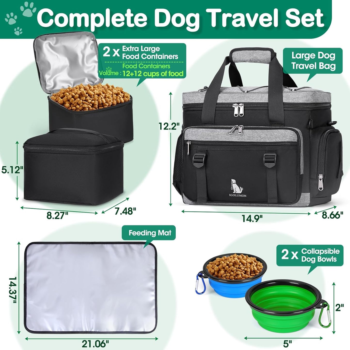IGOLUMON Dog Travel Bag Large Pet Travel Bags Set for Supplies Weekend Travel Kit Tote Organizer Multi-Pockets Food Travel Bag with 2 Extra Large Food Containers, 2 Dog Bowls, 1 Feeding Mat
